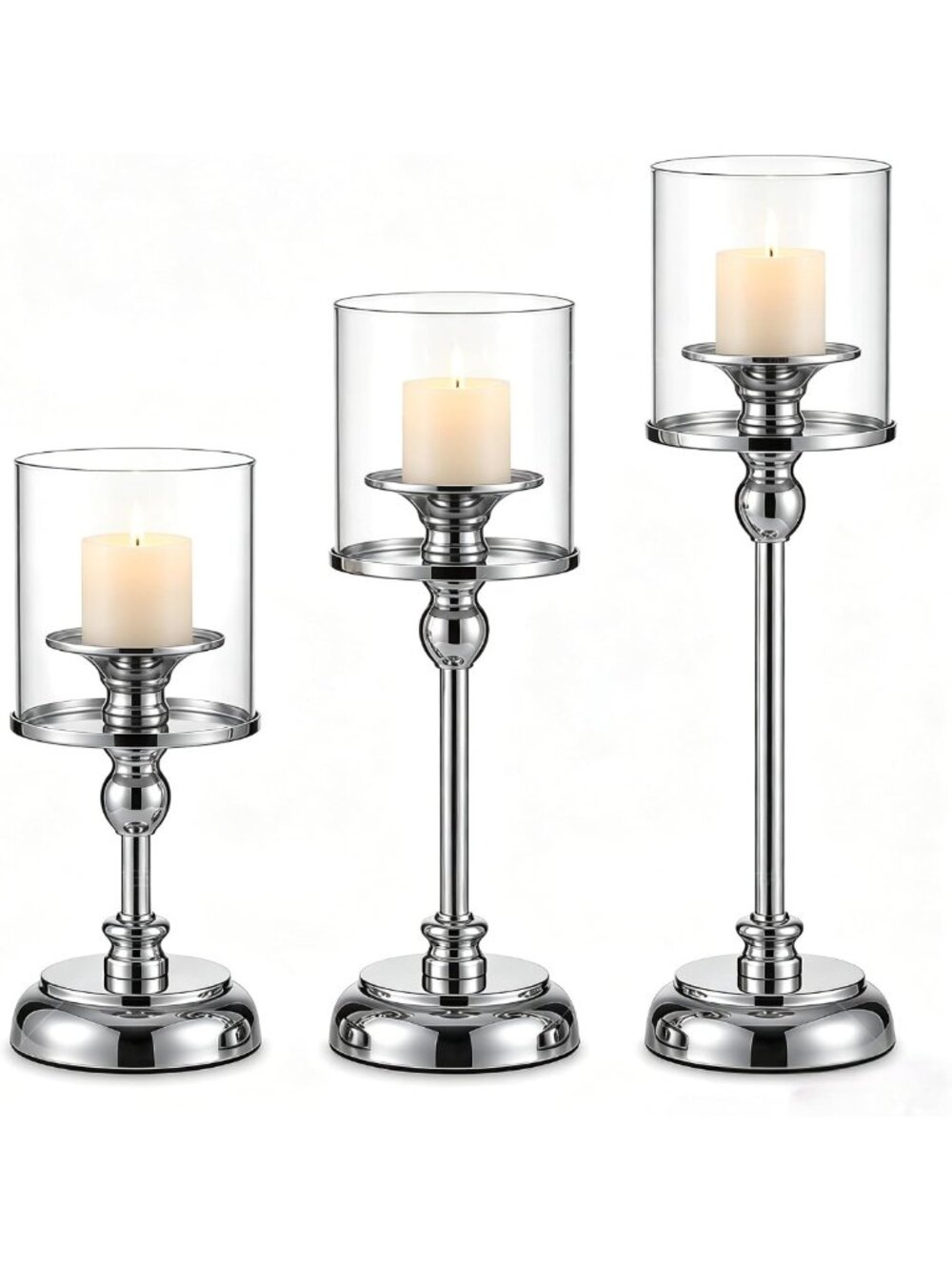 Set of 3 Silver Hurricane Candle Holders for Pillar Candles, Elegant Table Decor
